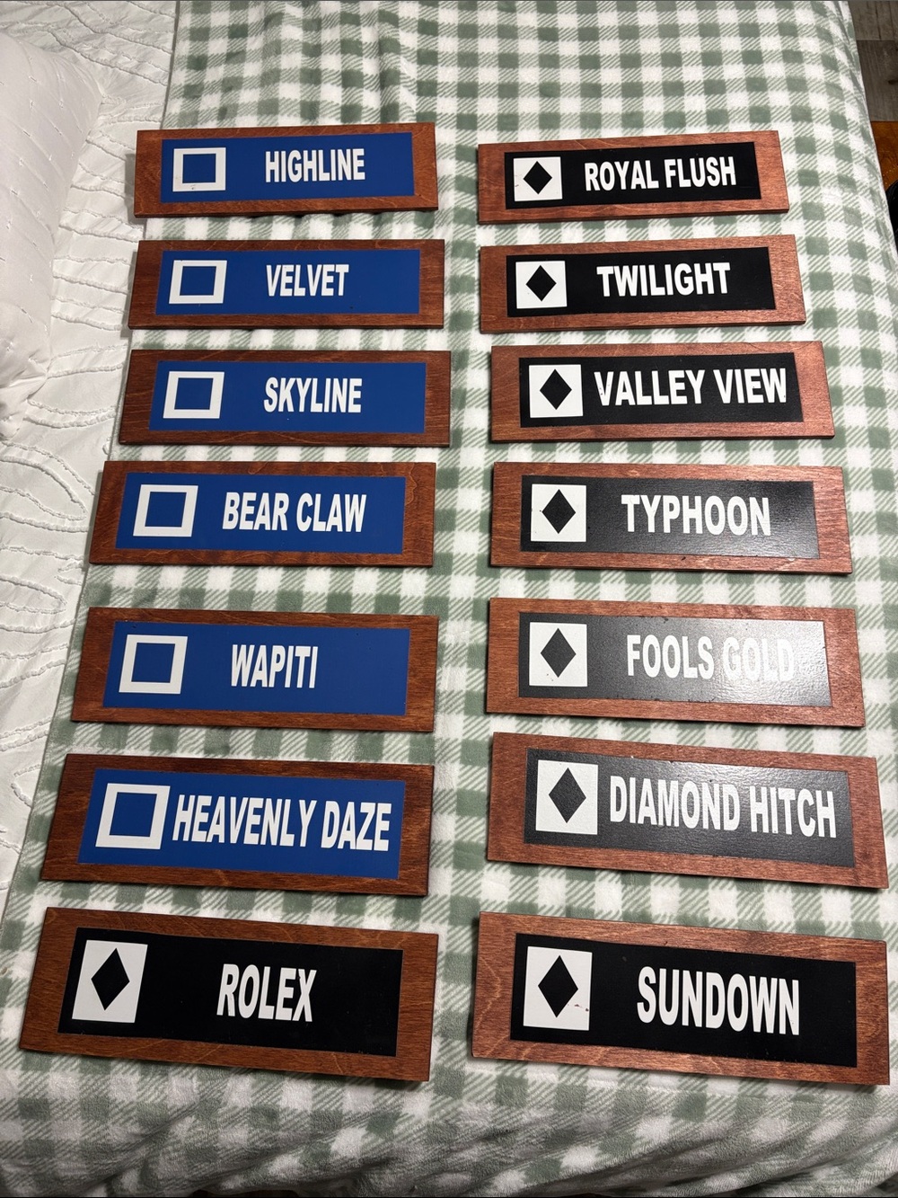 Wooden Trail Nameplate Set - Blue and Black Accent, Great for ski themed wedding